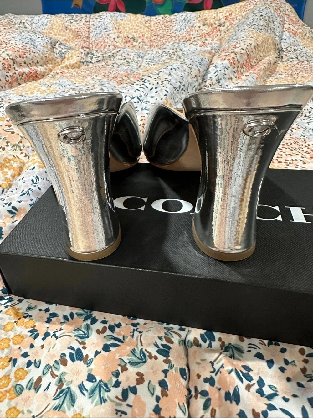 Coach Silver Metallic Open-Toe Mule Heels sz 8